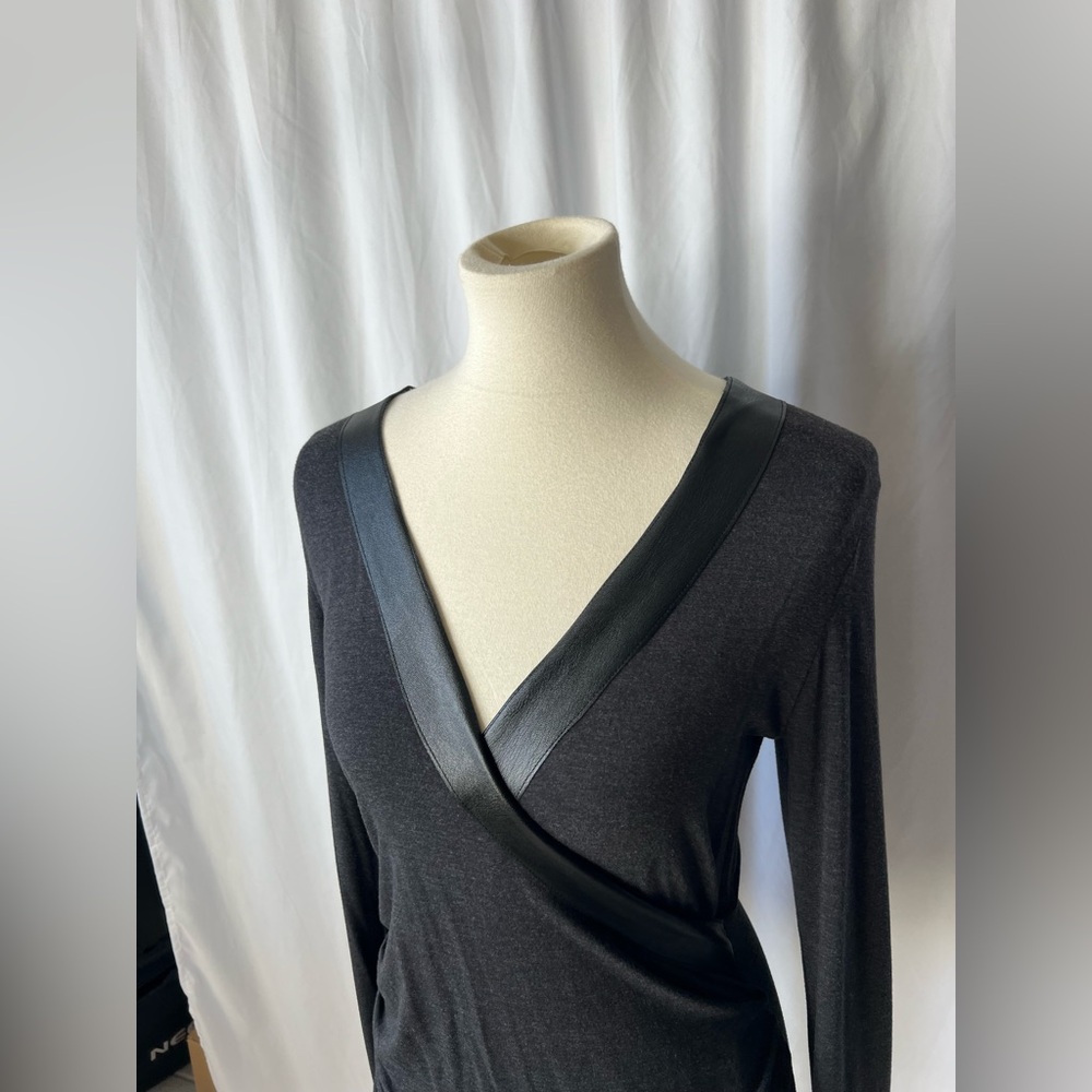 Venus Black V-neck Long Sleeve Top with Shiny Faux Leather Trim - Medium